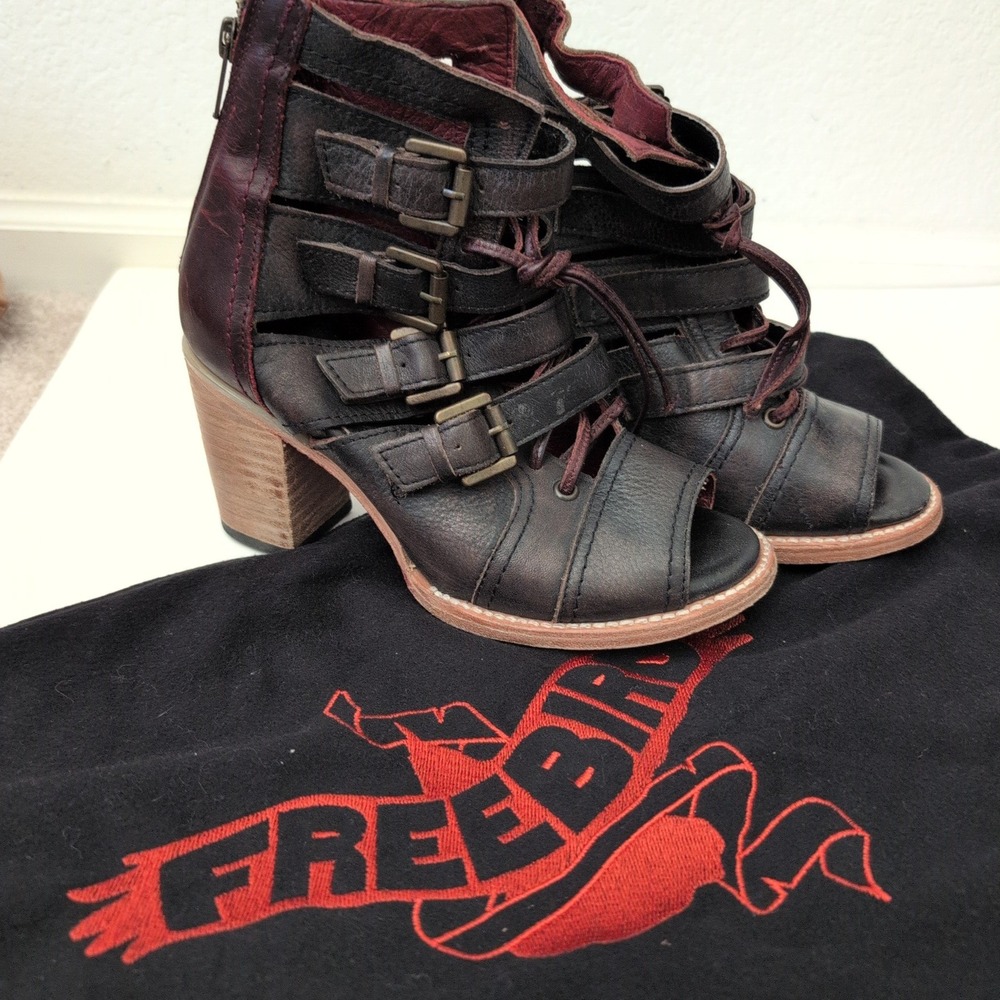 Freebird by Steven Braeden Black Burgundy Leather Buckle Cage Booties Womens 7 - Picture 8 of 10